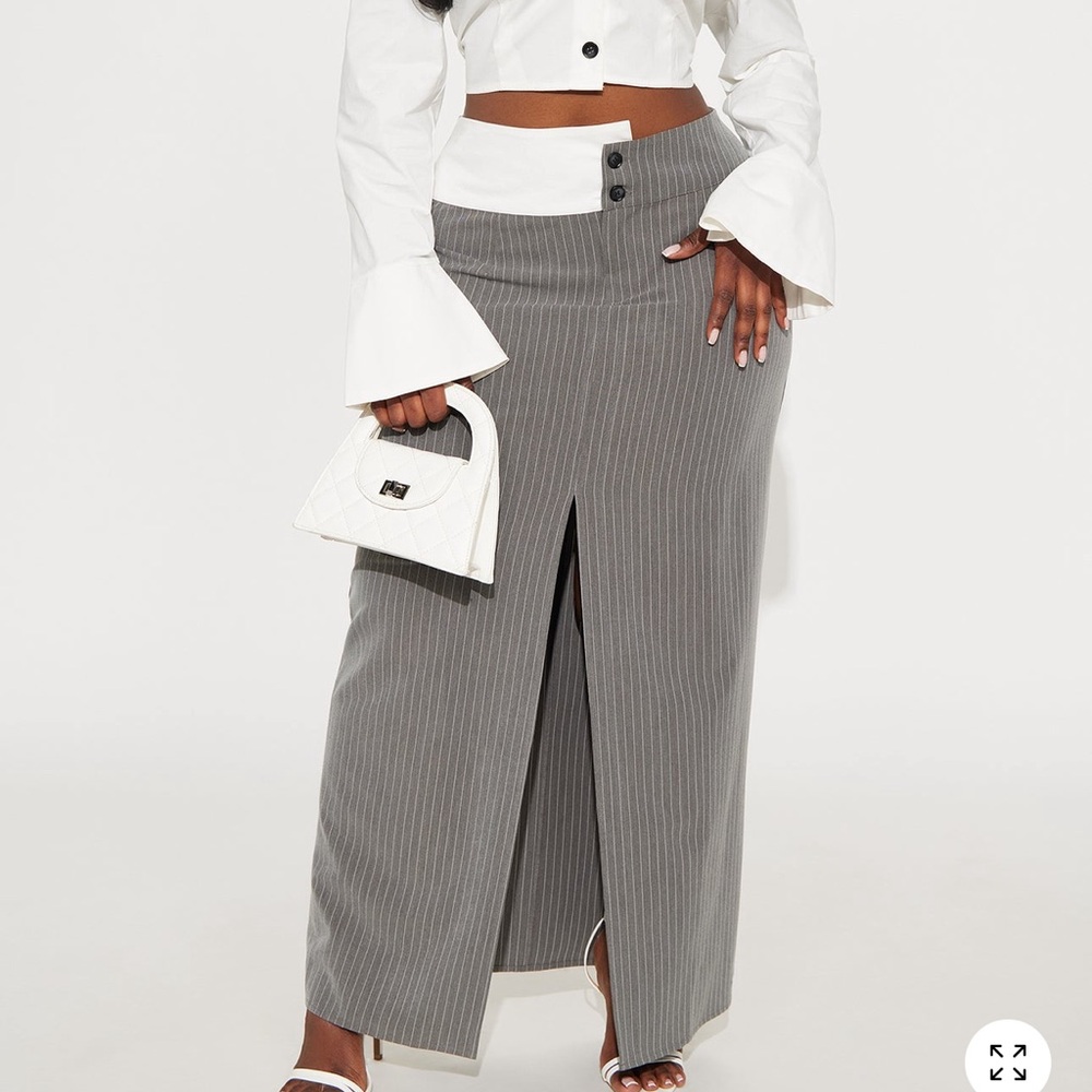Fashion Nova Gray Pinstripe Maxi Skirt with Center Split Set